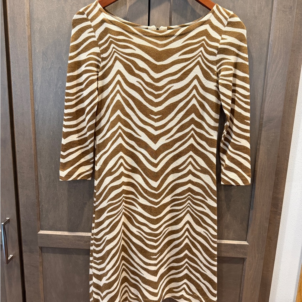 J. Crew Collection Merino Wool Brown and Cream Zebra Long Sleeve Mini Dress